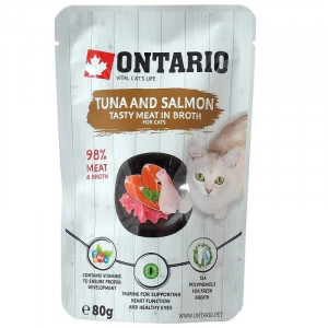 ONTARIO CAT POUCH TUNA SALMON konservi kaķiem Tuncis, lasis buljonā 80g